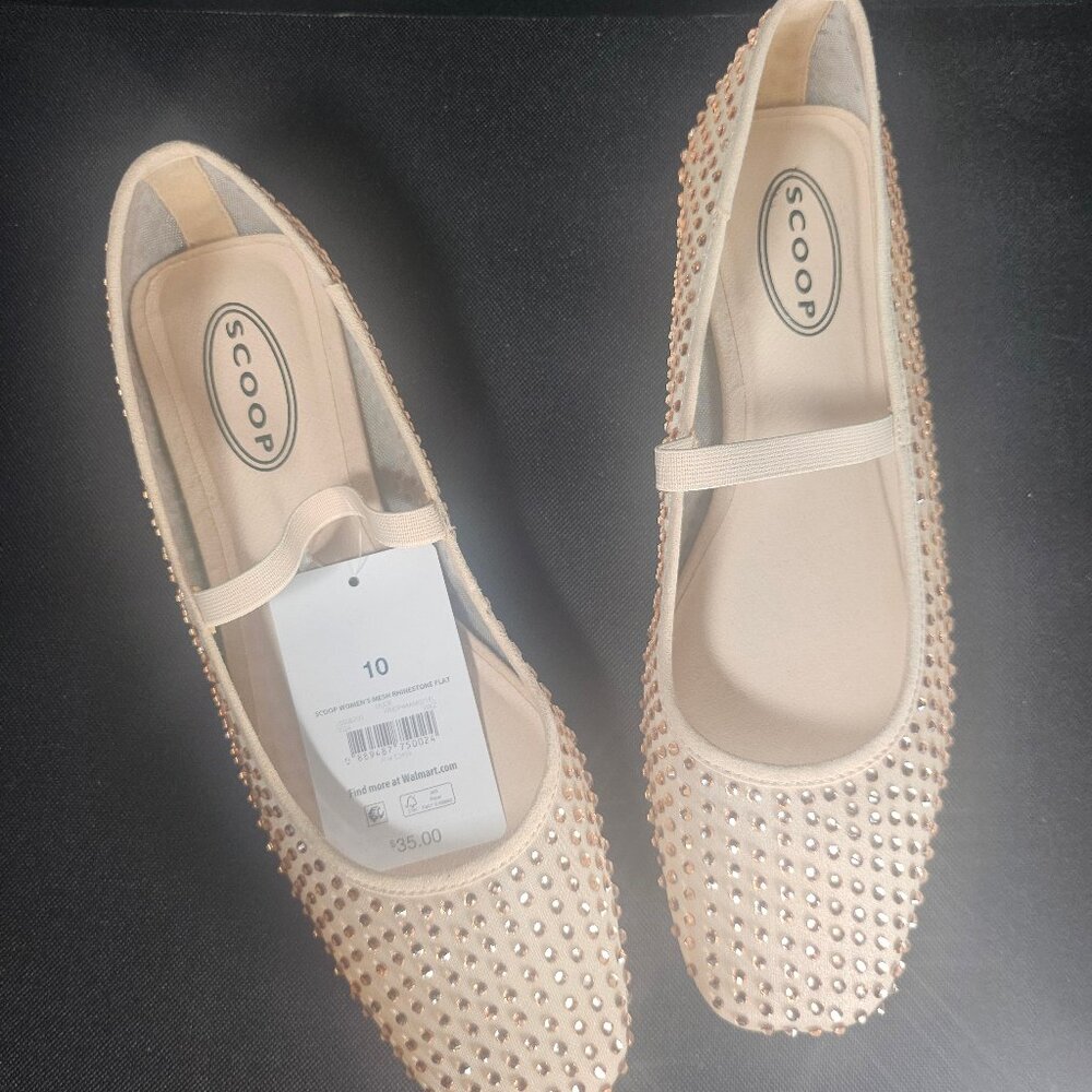 Scoop Women's Nude Mesh With Rhinestones Ballet Flats Mary Janes With Elastic